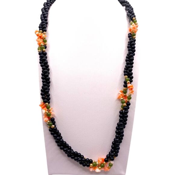Vintage Three Strands Necklace with Onyx And coral Beads - Picture 1 of 4